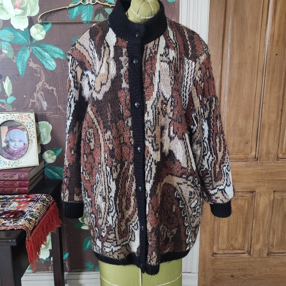 Vintage Patterned Mohair Blend Cardigan | Cozy Chunky Knit | Oversized Fit